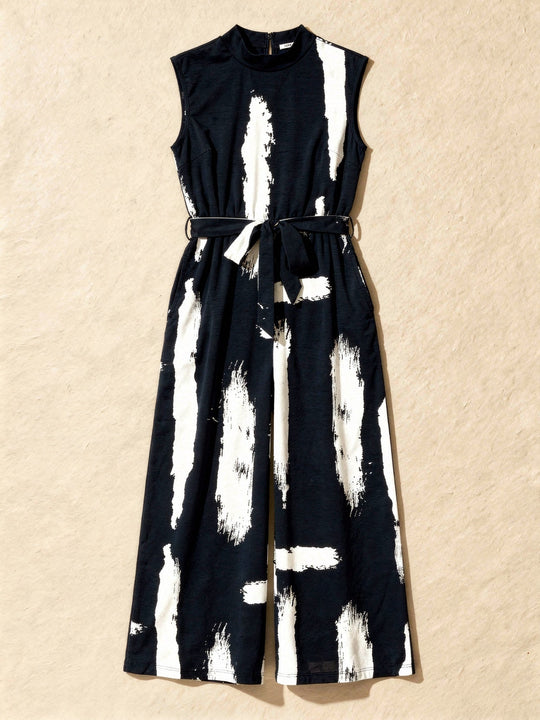 Women’s Printed Wide-Leg Summer Jumpsuit – Sleeveless with Tie Waist