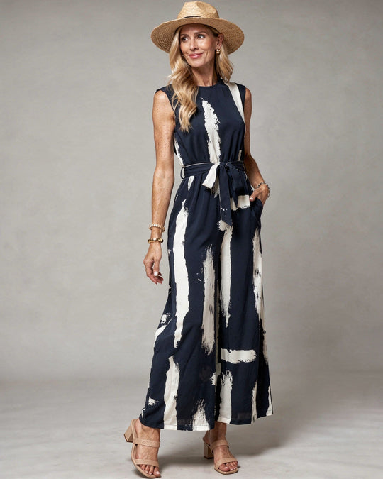 Women’s Printed Wide-Leg Summer Jumpsuit – Sleeveless with Tie Waist
