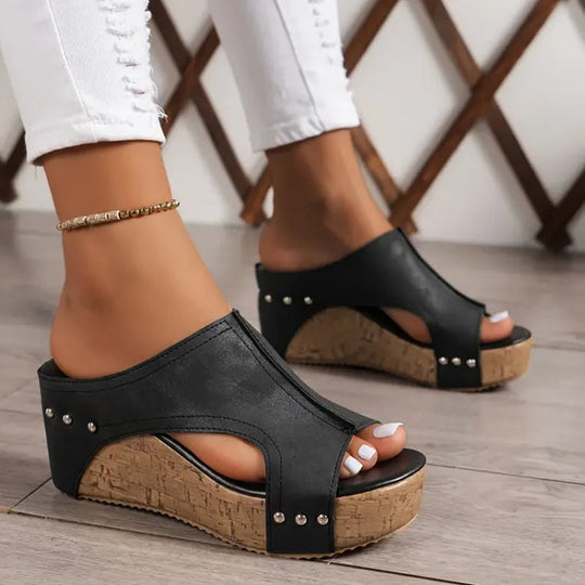 Women’s PU Wedge Sandals with Arch Support and Cushioned Footbed