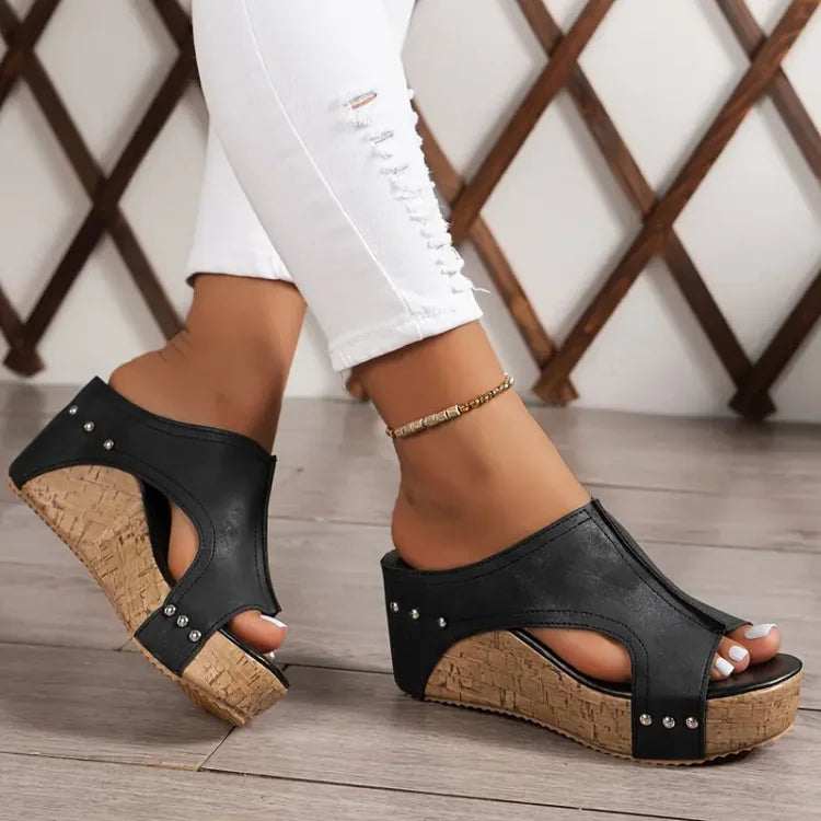 Women’s PU Wedge Sandals with Arch Support and Cushioned Footbed