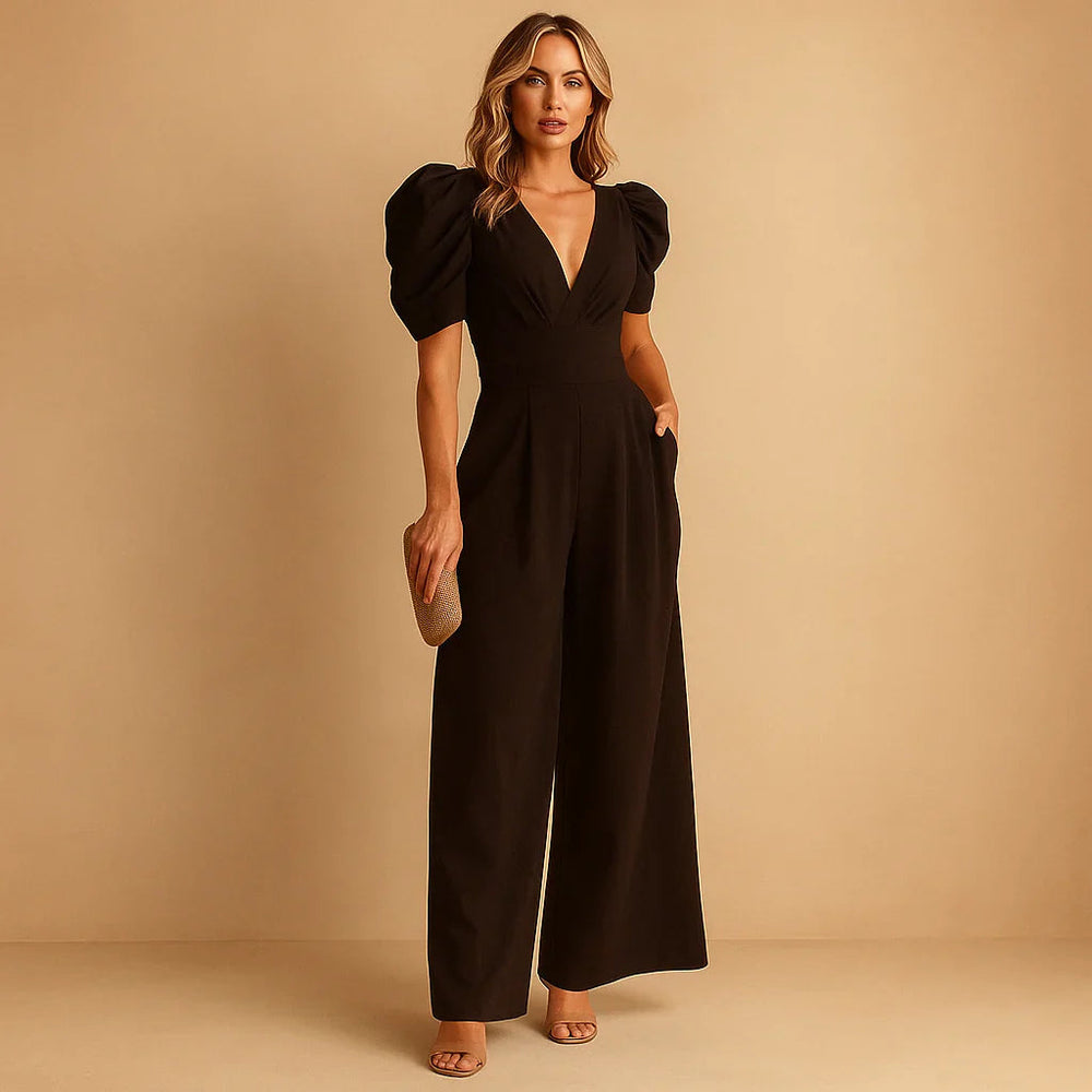 Women's Puff-Sleeve Jumpsuit – Defined Waist Occasion Outfit