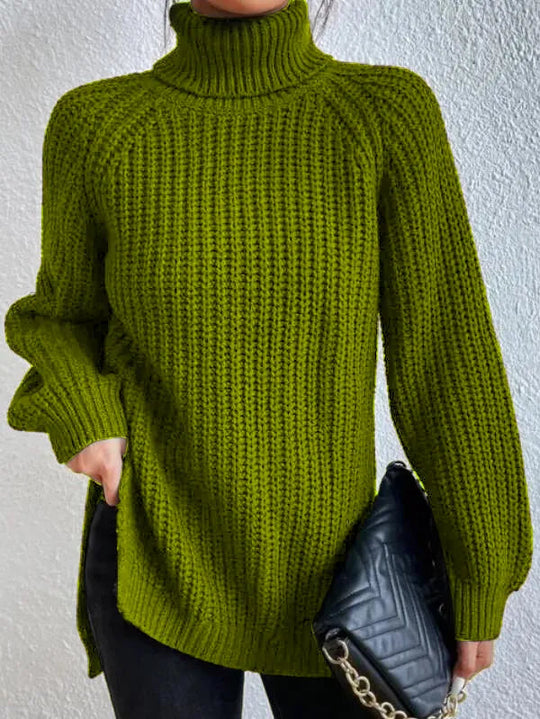 Women’s Raglan Turtleneck Sweater – Loose Knit with Split Hem