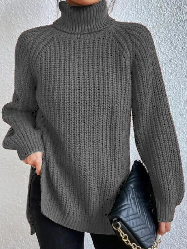 Women’s Raglan Turtleneck Sweater – Loose Knit with Split Hem
