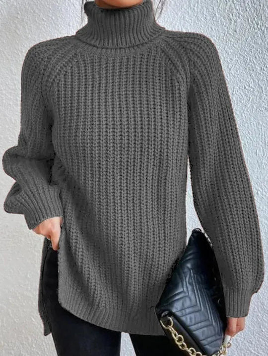 Women’s Raglan Turtleneck Sweater – Loose Knit with Split Hem