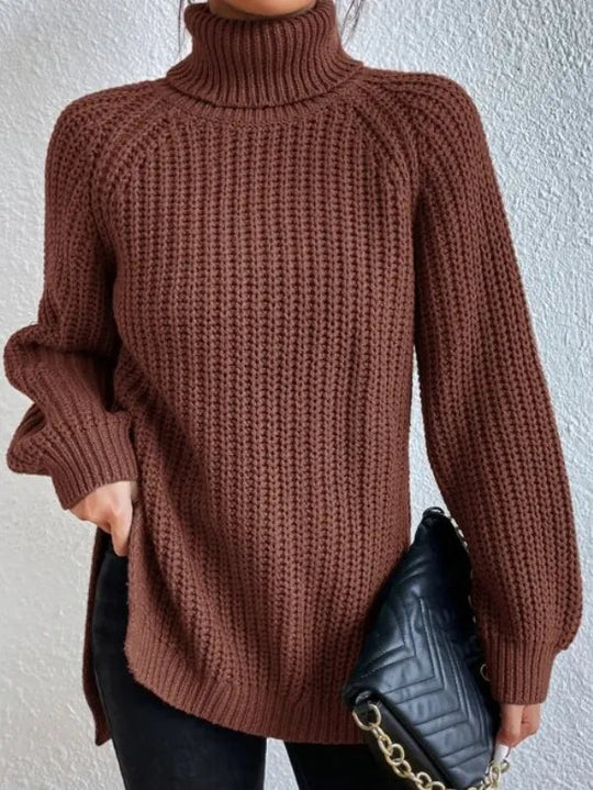 Women’s Raglan Turtleneck Sweater – Loose Knit with Split Hem