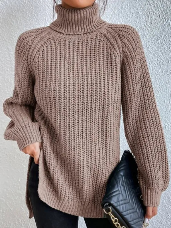 Women’s Raglan Turtleneck Sweater – Loose Knit with Split Hem