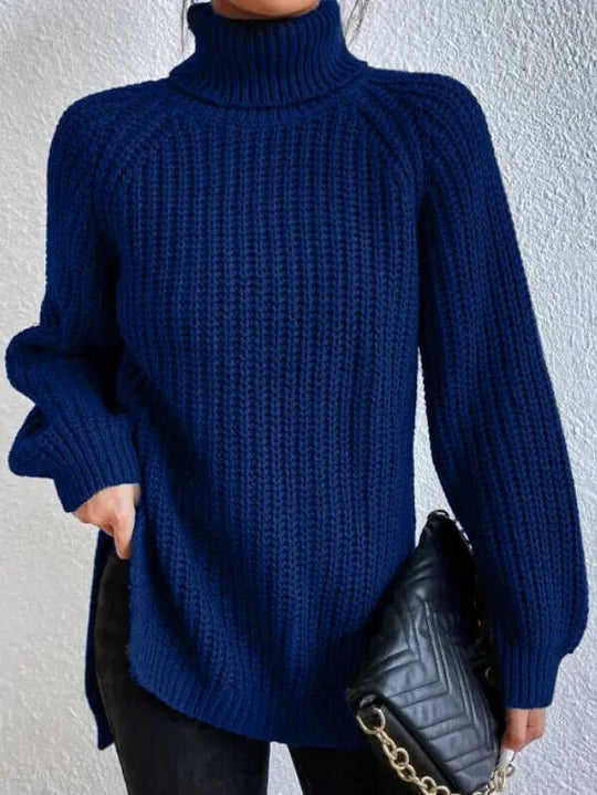 Women’s Raglan Turtleneck Sweater – Loose Knit with Split Hem