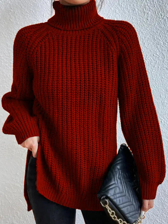 Women’s Raglan Turtleneck Sweater – Loose Knit with Split Hem