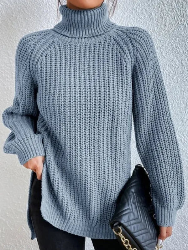 Women’s Raglan Turtleneck Sweater – Loose Knit with Split Hem