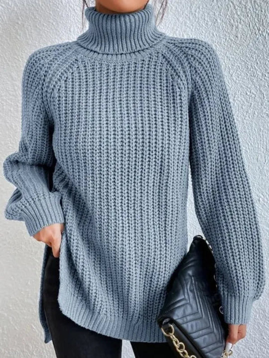 Women’s Raglan Turtleneck Sweater – Loose Knit with Split Hem