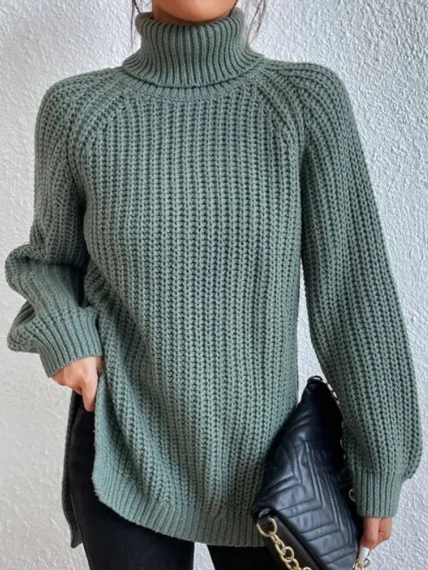 Women’s Raglan Turtleneck Sweater – Loose Knit with Split Hem