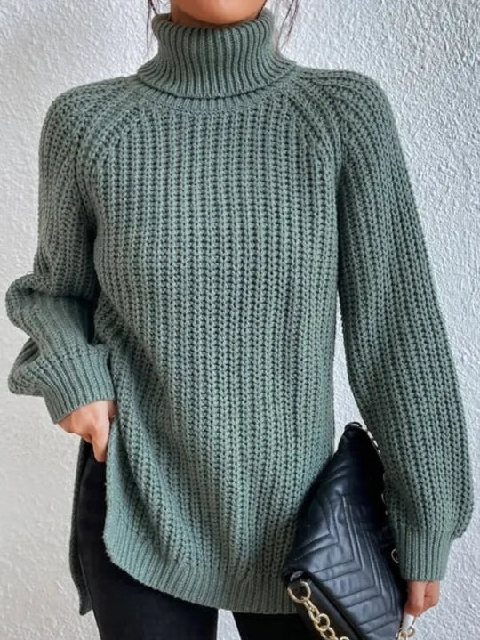 Women’s Raglan Turtleneck Sweater – Loose Knit with Split Hem
