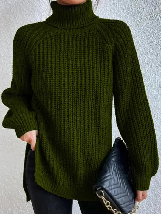 Women’s Raglan Turtleneck Sweater – Loose Knit with Split Hem