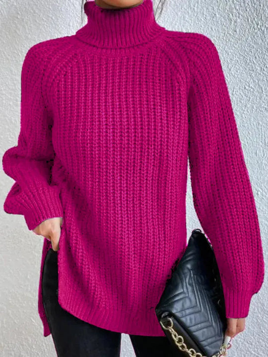 Women’s Raglan Turtleneck Sweater – Loose Knit with Split Hem