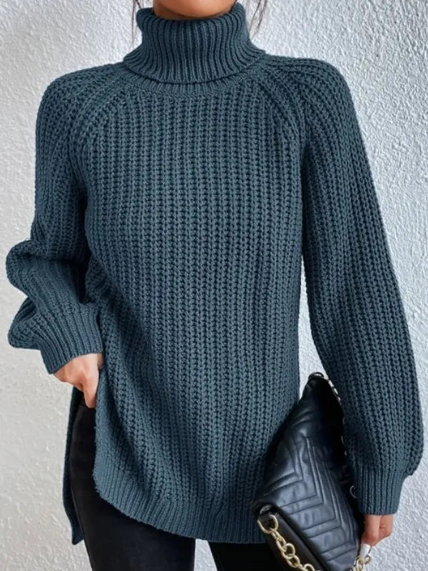 Women’s Raglan Turtleneck Sweater – Loose Knit with Split Hem