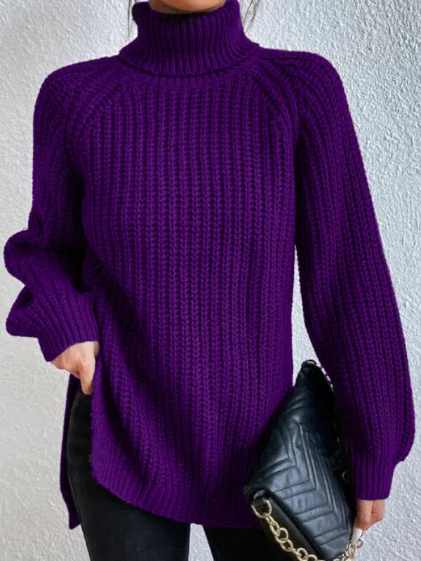 Women’s Raglan Turtleneck Sweater – Loose Knit with Split Hem