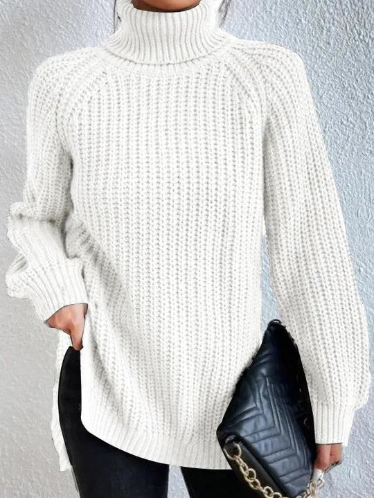 Women’s Raglan Turtleneck Sweater – Loose Knit with Split Hem