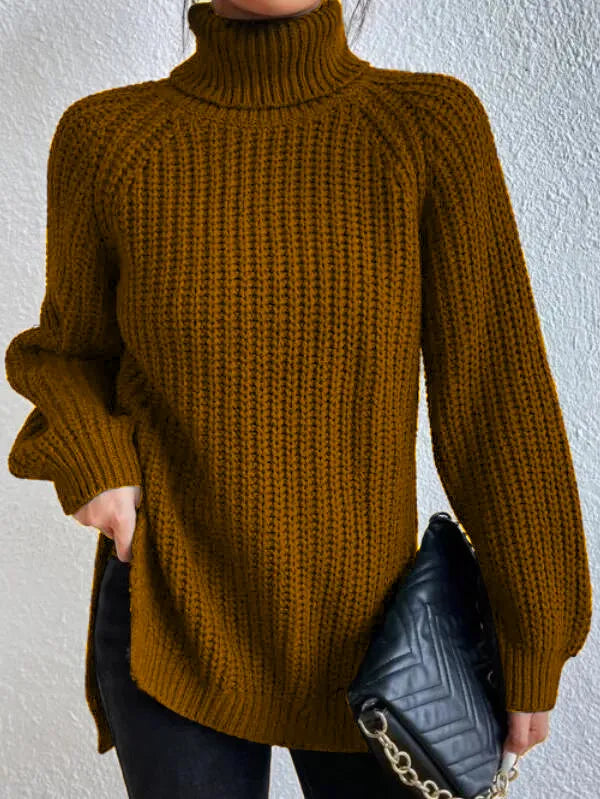 Women’s Raglan Turtleneck Sweater – Loose Knit with Split Hem