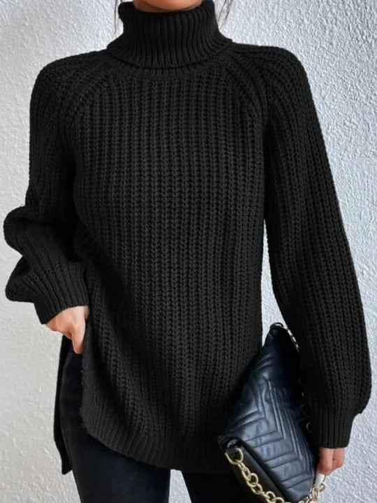 Women’s Raglan Turtleneck Sweater – Loose Knit with Split Hem