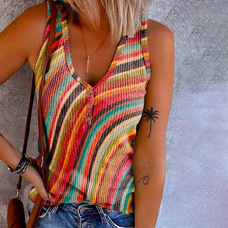 Women’s Rainbow-Striped V-Neck Tank Top – Lightweight Summer Style