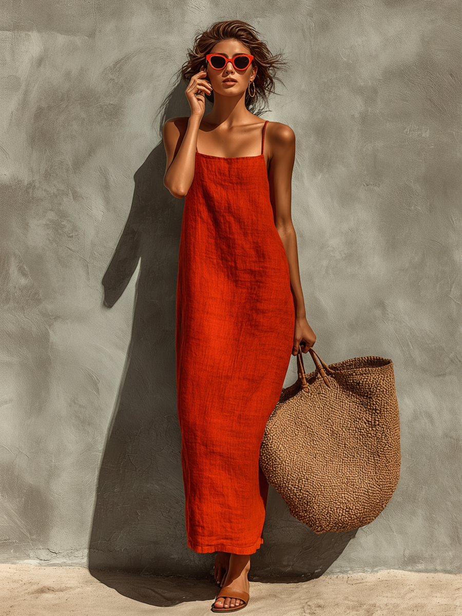 Women's Red Linen Cami Dress – Square Neck Bohemian Style