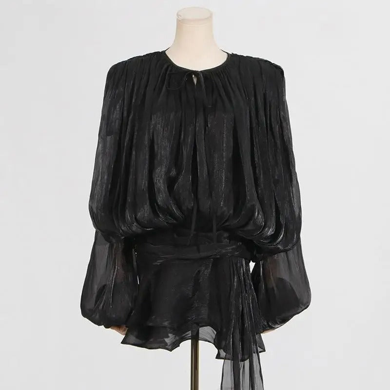 Women's Red Pleated Mini Dress with Flowing Sleeves and Ruffles