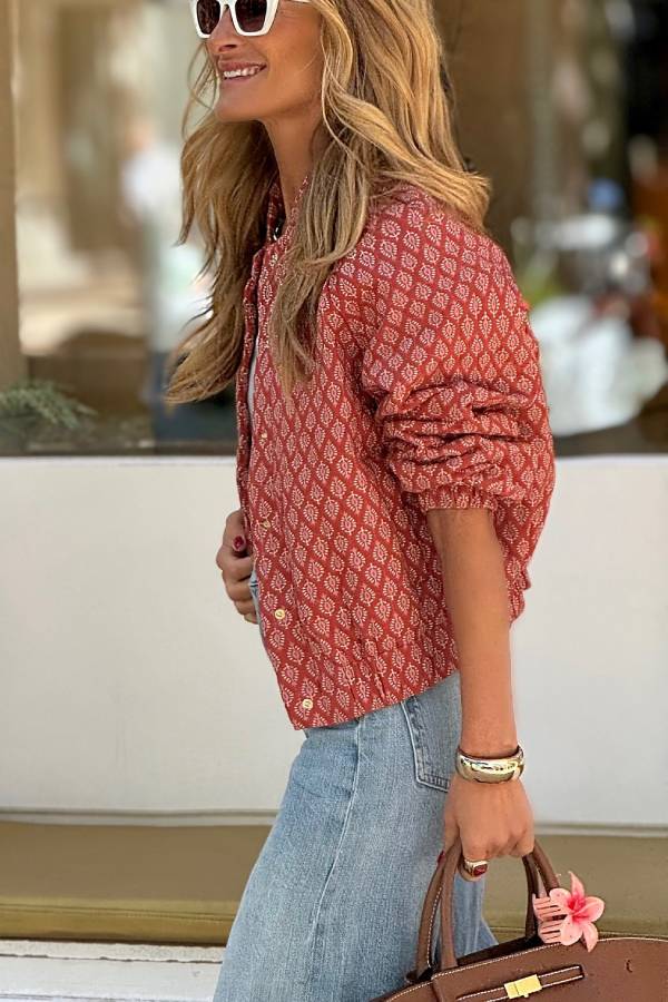 Women's Red Printed Jacket – Lightweight Vintage Button-Up Layer