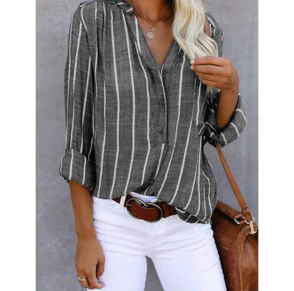 Women's Red Striped Shirt – Loose Button-Up with Roll-Tab Sleeves