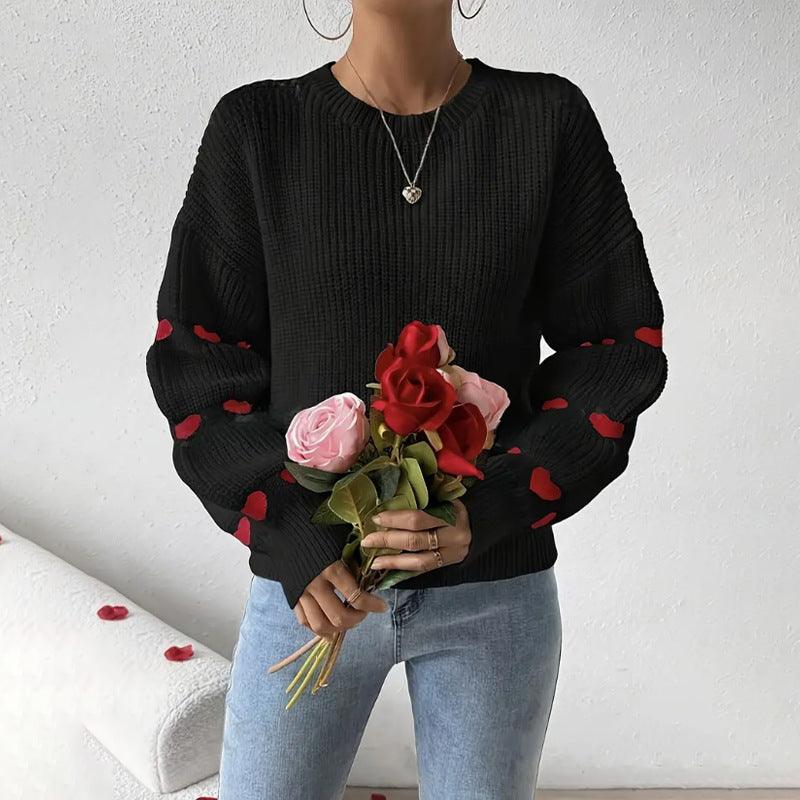 Women's Relaxed Crew-Neck Sweater with Heart Elbow Patches