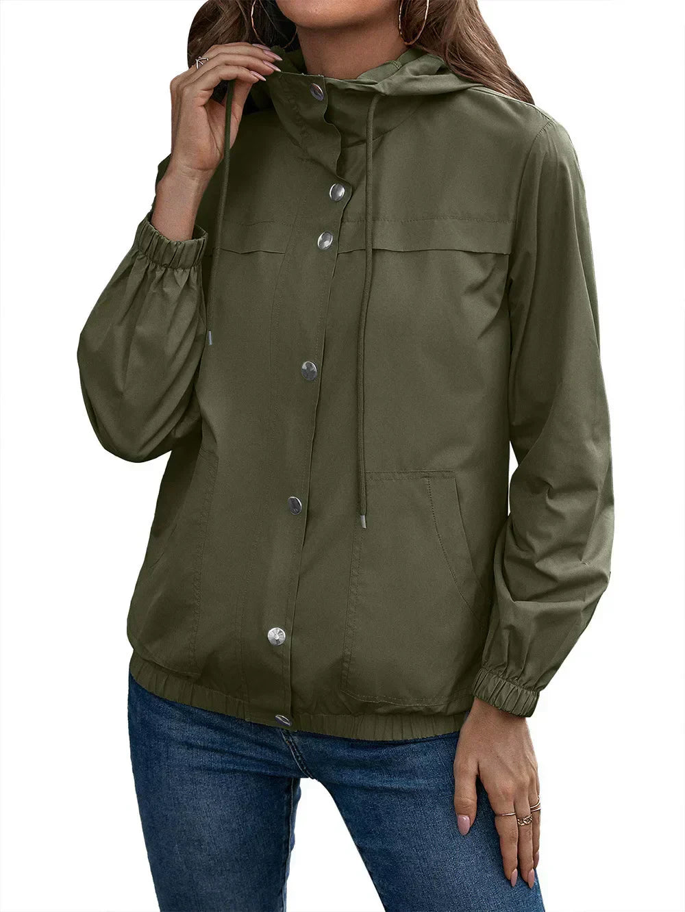 Women's Relaxed Hooded Coat with Button Front and Side Pockets