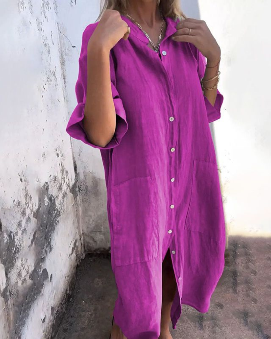Women's Relaxed Midi Shirt Dress – Lightweight Cotton-Blend Style with Chest Pockets