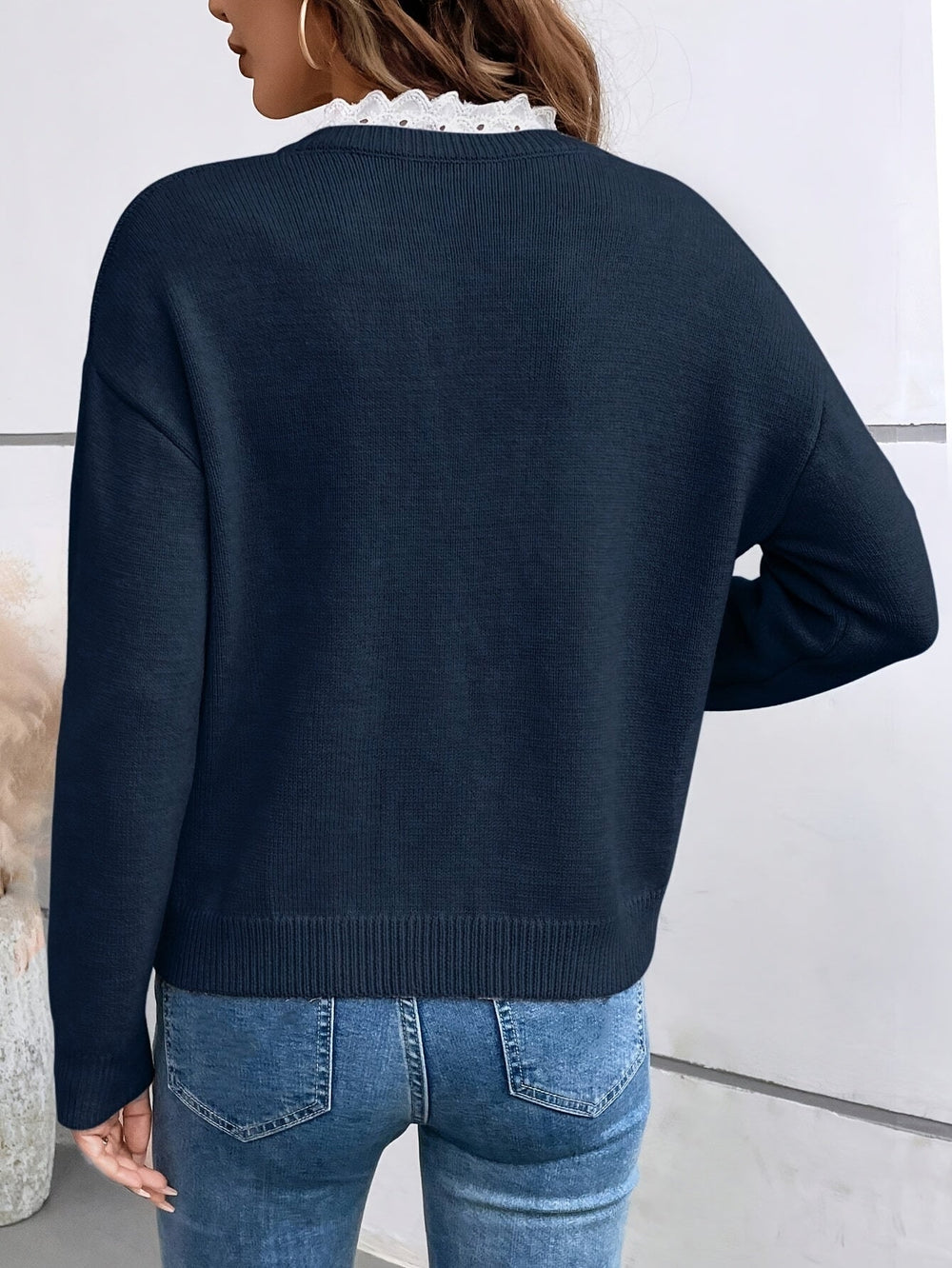 Women's Relaxed V-Neck Sweater – Cotton-Blend Long Sleeves