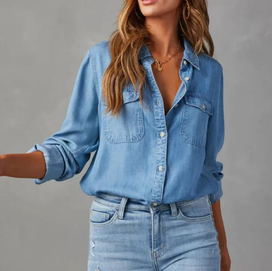 Women's Relaxed Washed Denim Shirt – Long Sleeves and Chest Pocket