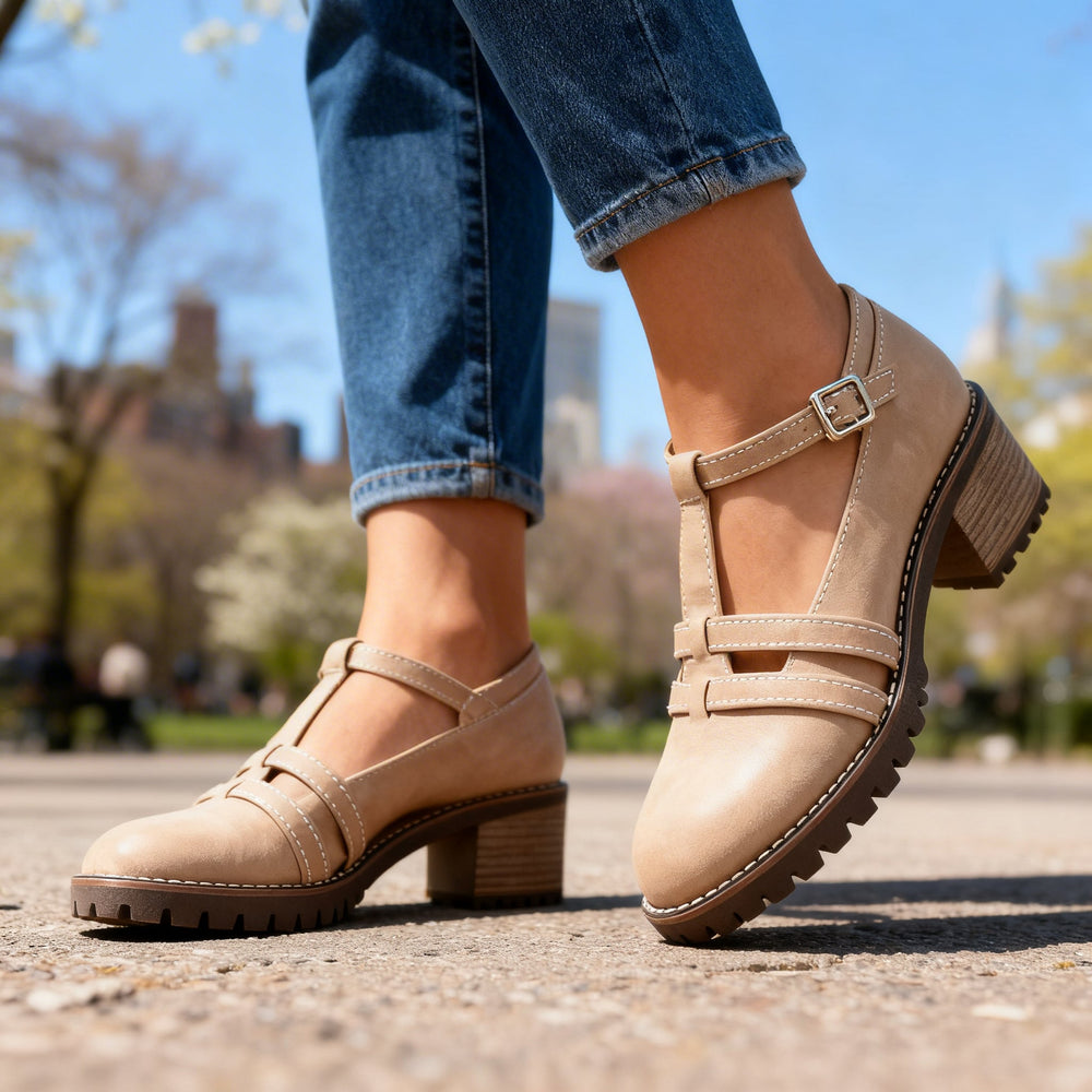 Women's Retro T-Strap Platform Loafers with Block Heel, Sizes 32–43