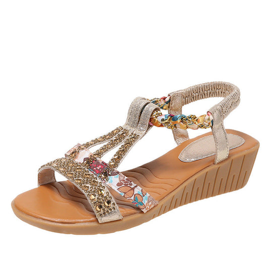 Women’s Rhinestone Wedge Sandals with Elastic Straps