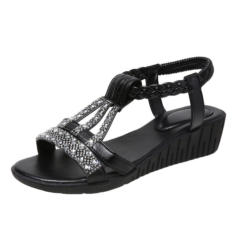 Women’s Rhinestone Wedge Sandals with Elastic Straps