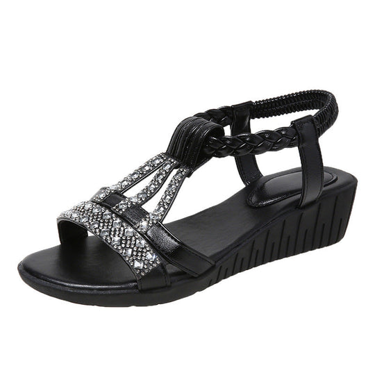 Women’s Rhinestone Wedge Sandals with Elastic Straps