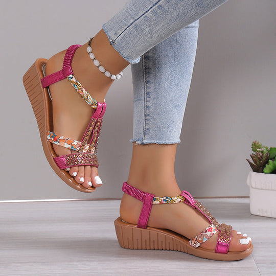 Women’s Rhinestone Wedge Sandals with Elastic Straps