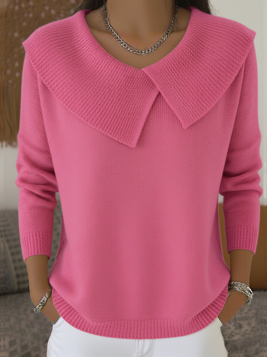 Women's Ribbed-Collar Knit Sweater – Soft Elegant Long-Sleeve Top