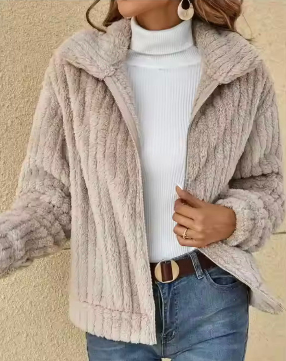 Women's Ribbed Fleece Full-Zip Winter Cardigan