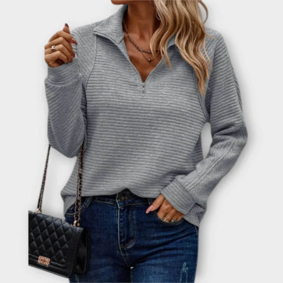 Women’s Ribbed Half-Zip Sweater – Soft V-Neck Long-Sleeve Knit