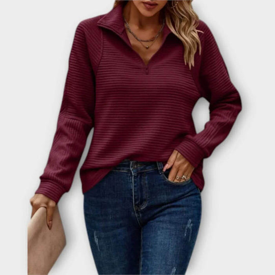 Women’s Ribbed Half-Zip Sweater – Soft V-Neck Long-Sleeve Knit