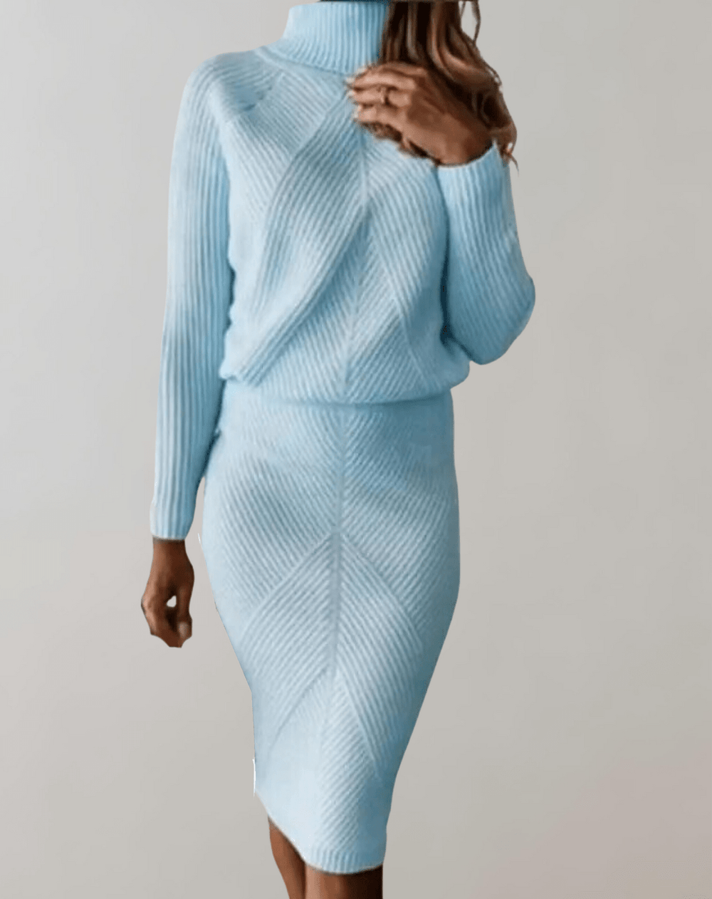 Women's Ribbed Knit Skirt Set – Turtleneck Sweater and Fitted Skirt