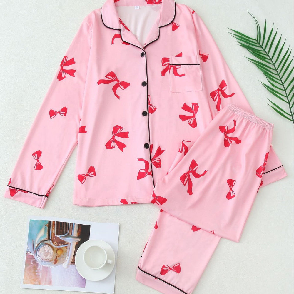 Women's Ribbon-Print Button-Up Pyjama Set – Soft Long-Sleeve Sleepwear