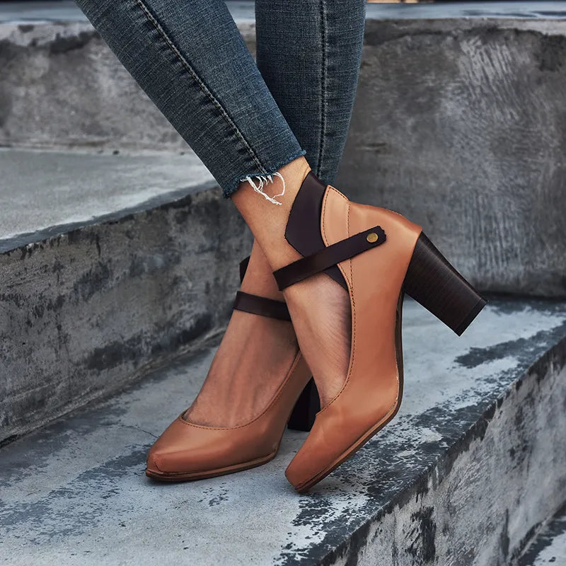 Women's Round-Toe Block-Heel Shoes with Adjustable Buckle