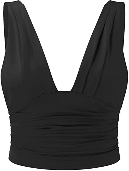 Women's Ruched Deep V-Neck Crop Tank Top with Wide Straps