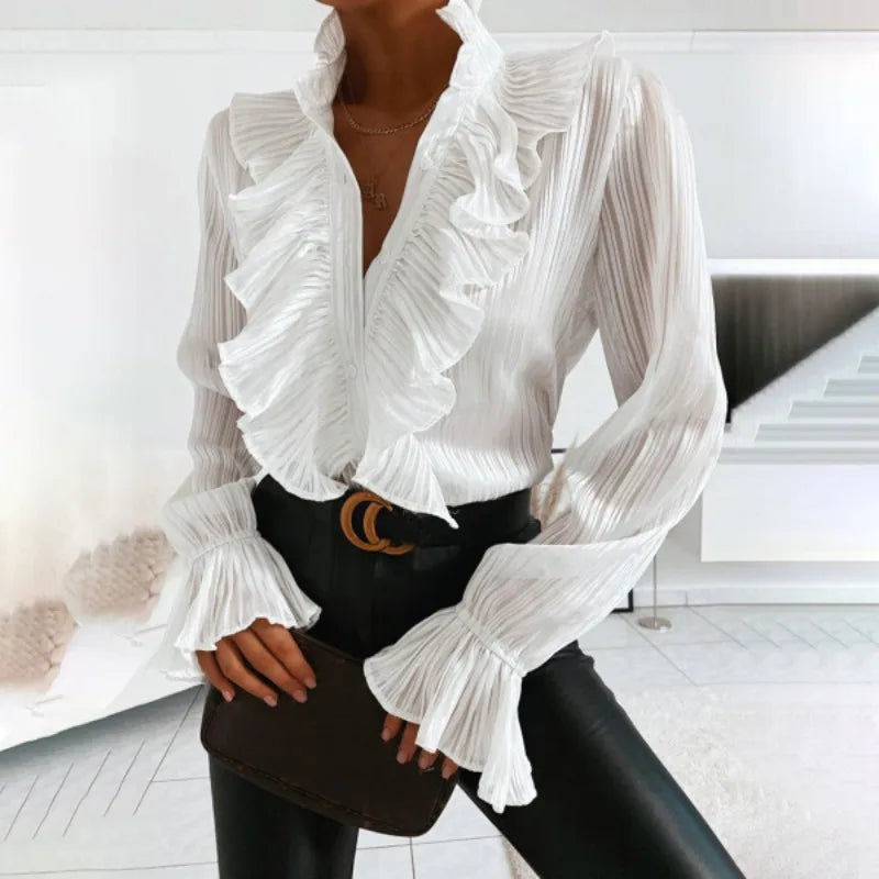 Women's Ruffle-Detail Button Blouse for Work and Evenings