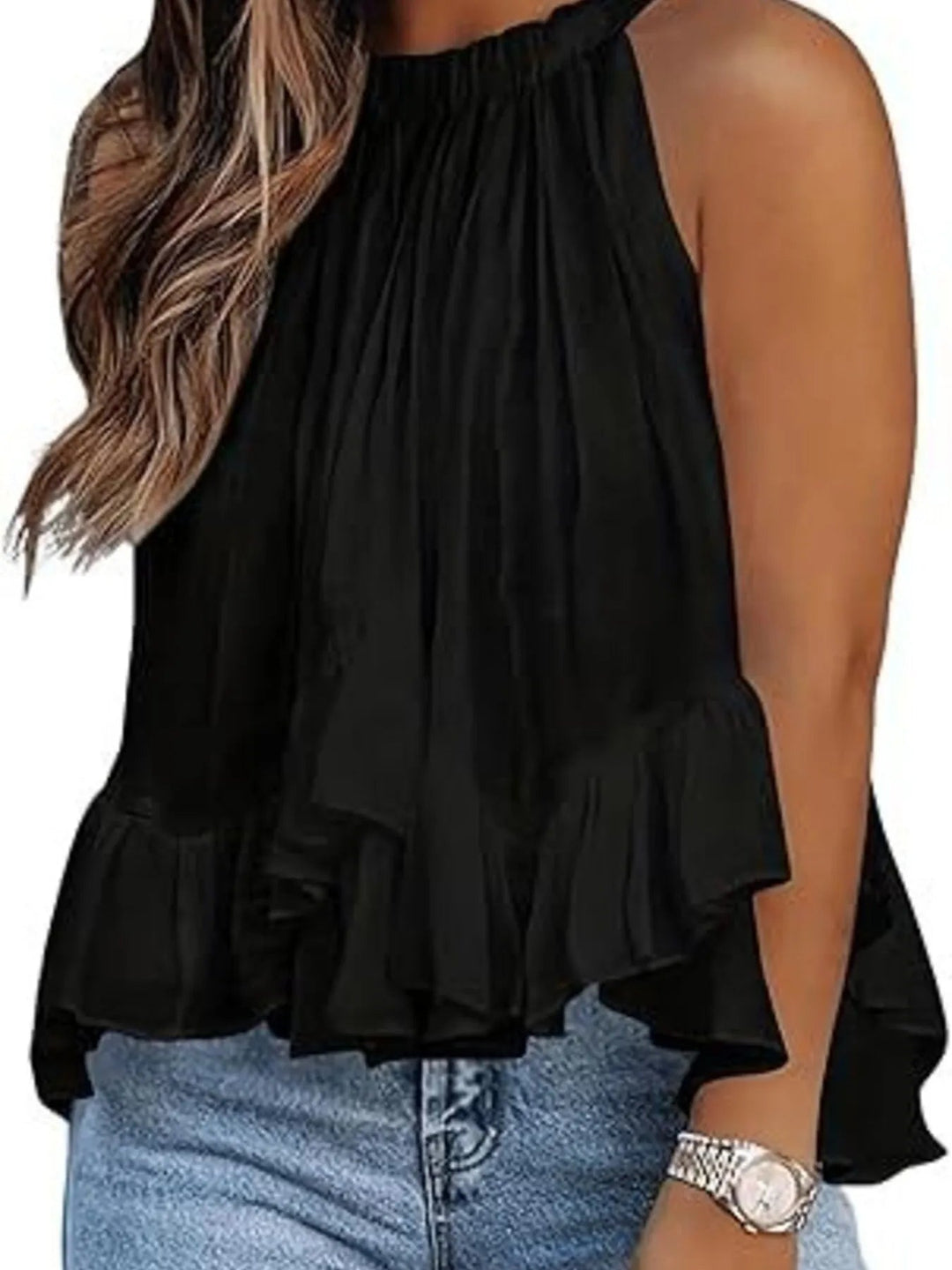 Women’s Ruffle-Hem Tank Top – Gathered Bust and Adjustable Straps