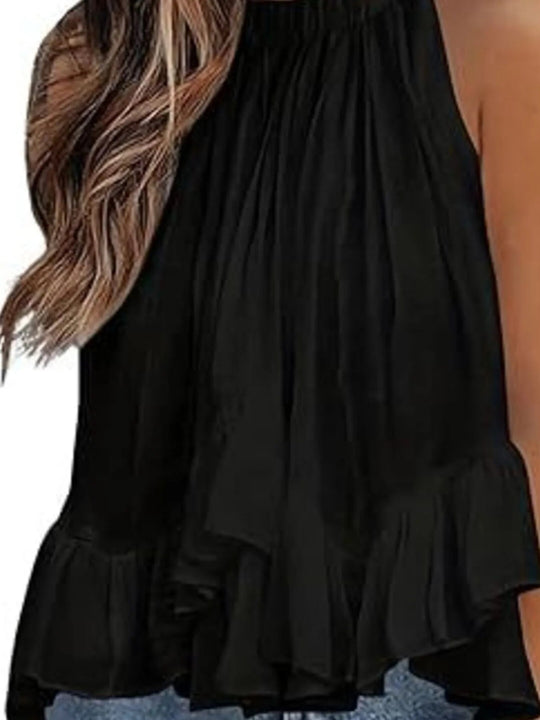 Women’s Ruffle-Hem Tank Top – Gathered Bust and Adjustable Straps