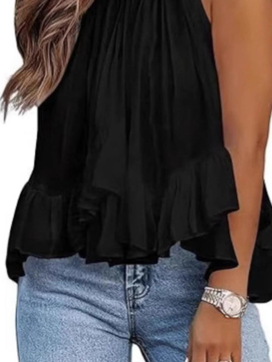 Women’s Ruffle-Hem Tank Top – Gathered Bust and Adjustable Straps